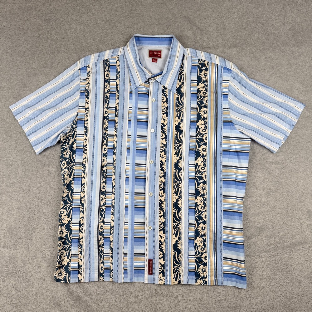 Tommy Hilfiger Red Label Denim Mens XL Blue Floral Striped Patchwork Shirt